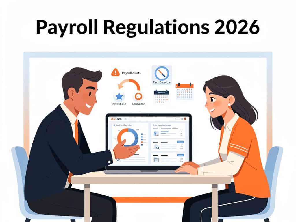Business leaders reviewing 2026 payroll regulations, compliance updates, payroll tax changes, and workforce management data on a modern dashboard.