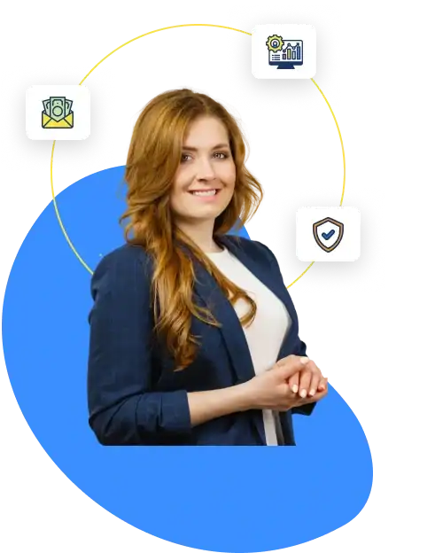 Smiling businesswoman in a blue blazer standing confidently in front of an orange background, promoting Axiom HRS webinar series on HR and payroll trends.
