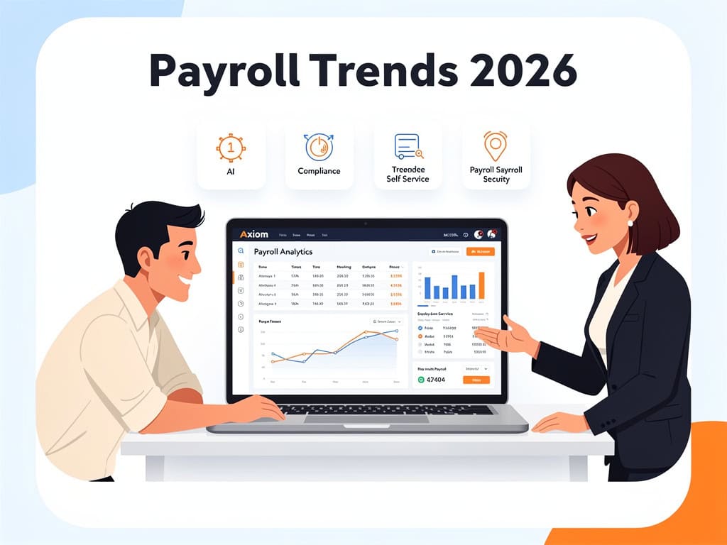 Payroll professional reviewing 2026 payroll trends, compliance data, AI payroll tools, and workforce management insights on a modern dashboard.
