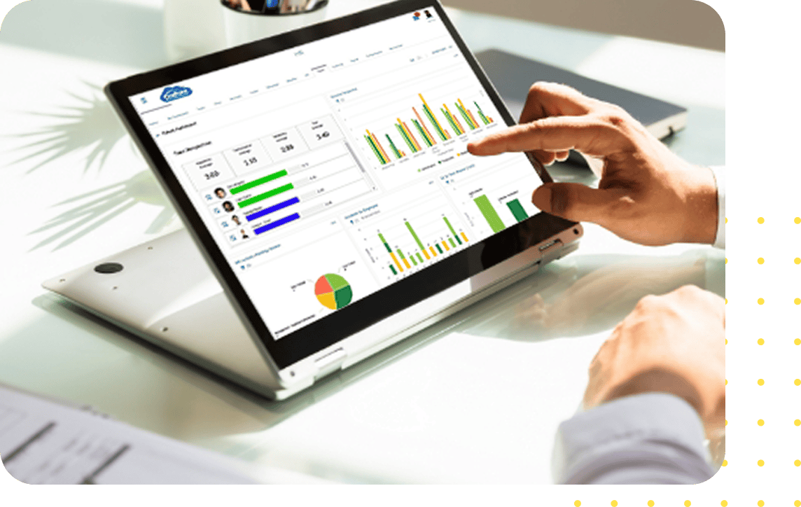 Smiling human relations coworkers with animated screenshot of UKG software dashboard.