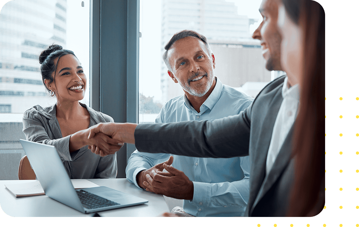 Smiling human relations coworkers with animated screenshot of UKG software dashboard.