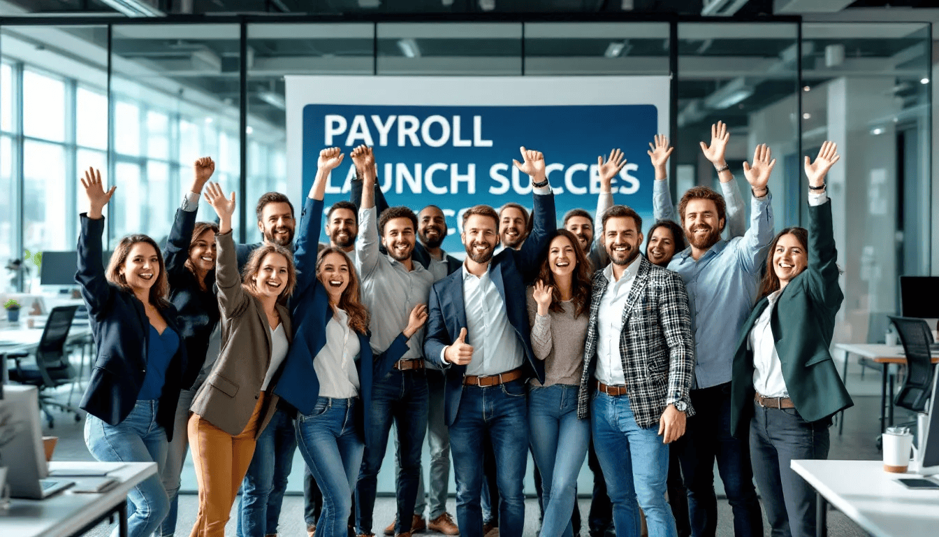 In the image, a diverse team of professionals is joyfully celebrating their successful implementation of a new payroll system, which streamlines small business payroll processing. They are gathered around a table, smiling and raising their hands in excitement, symbolizing the relief of efficiently managing payroll taxes and ensuring compliance with tax filing requirements.