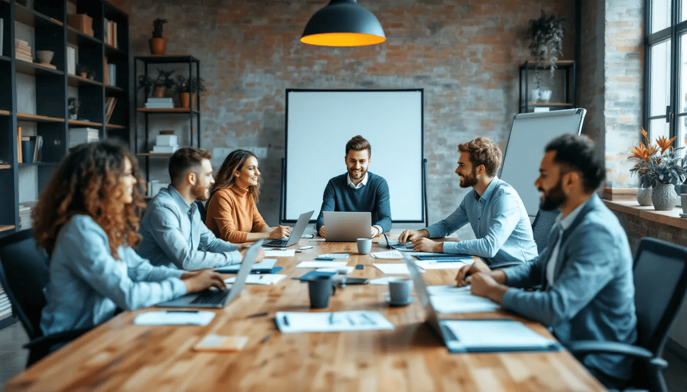 A small business team is collaborating around a conference table, discussing strategies to meet their HR and payroll needs. The dedicated professionals are focused on enhancing efficiency and compliance while supporting their employees' growth and satisfaction.