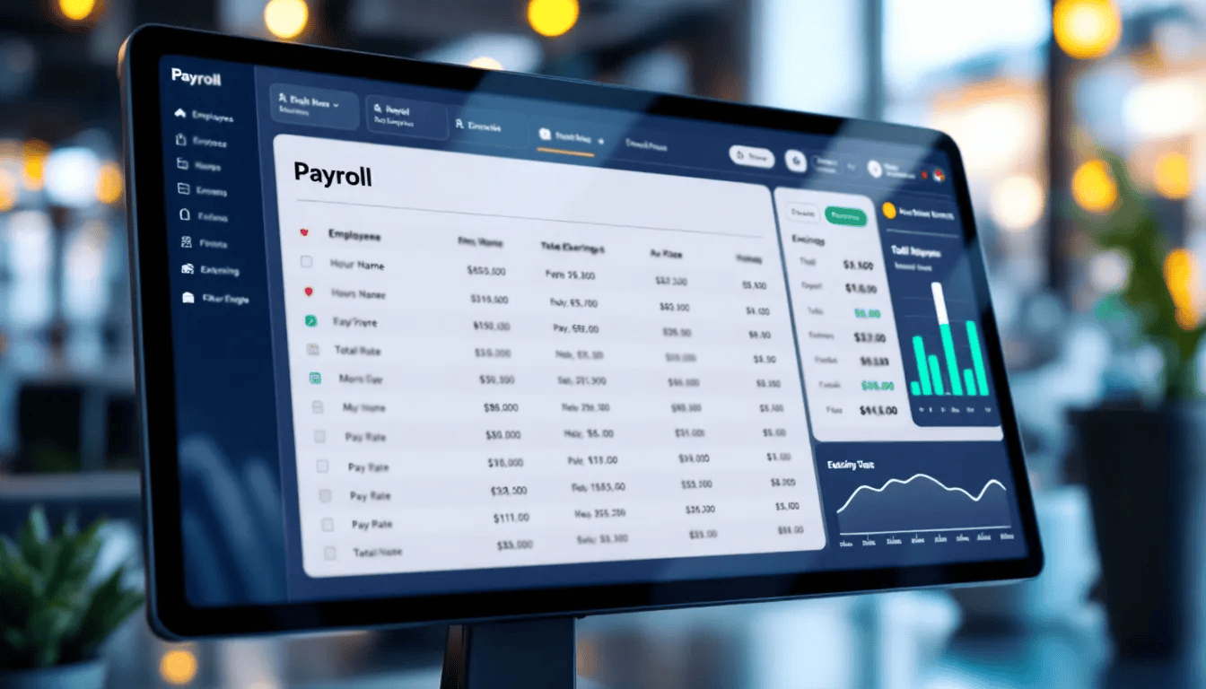 The image features a technology dashboard displaying a payroll interface, designed to streamline hr and payroll needs for small businesses. It showcases various tools and features aimed at enhancing efficiency and compliance while providing dedicated support for employees and clients.