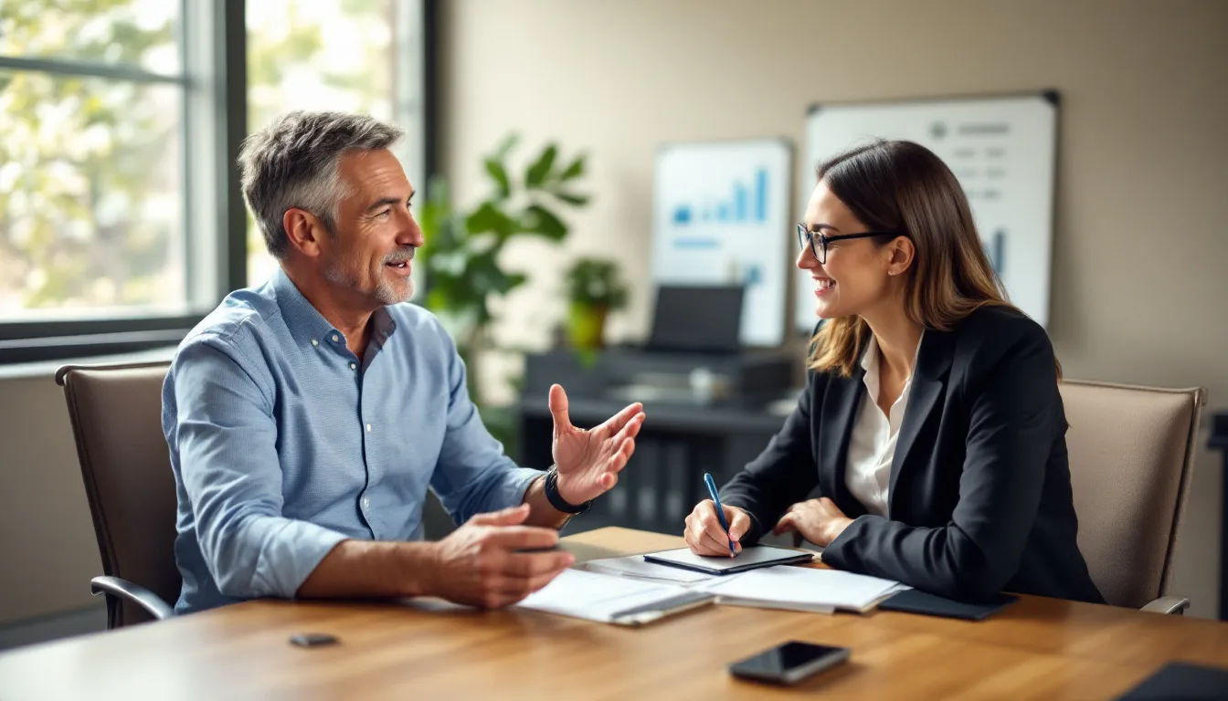 In the image, a local business owner is engaged in a discussion with a payroll specialist in an office setting, focusing on their HR and payroll needs. The atmosphere suggests a collaborative approach to finding effective payroll services and solutions that support the growth and compliance of small businesses.