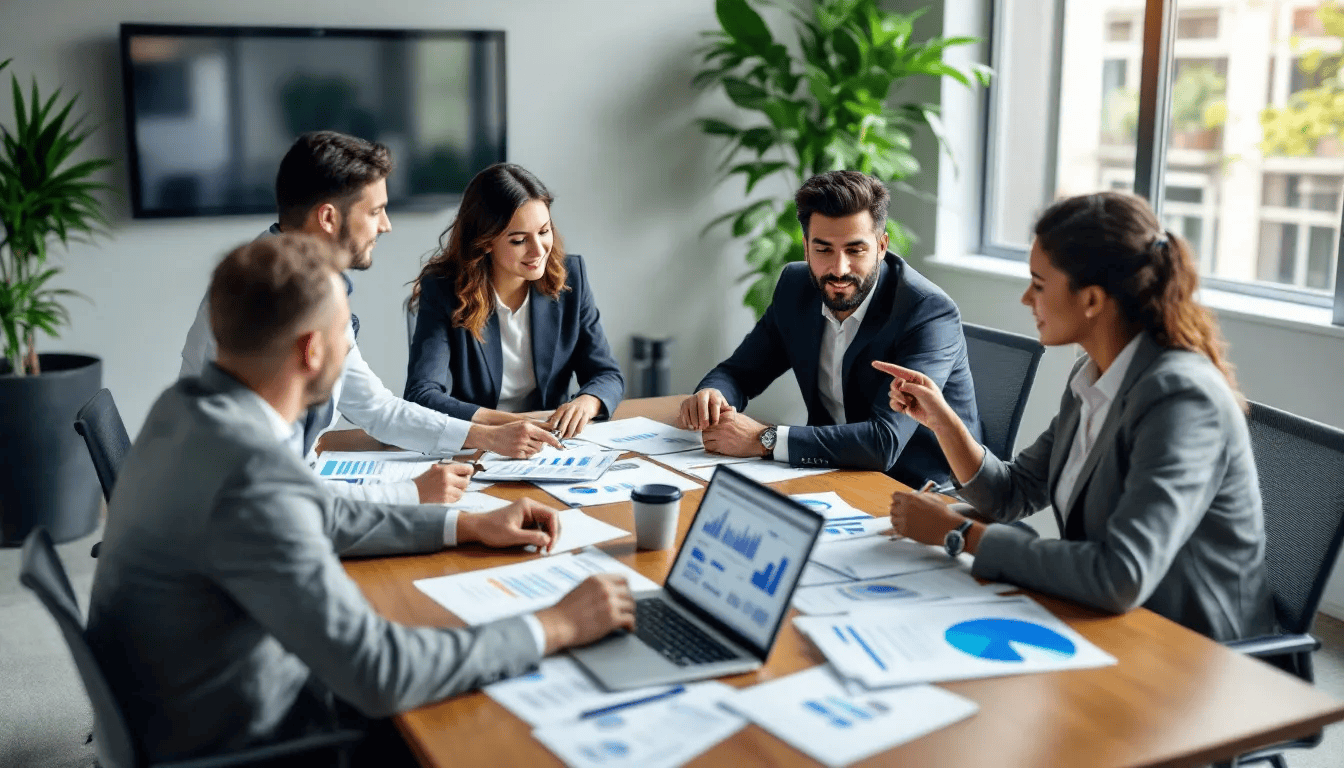 In a business meeting, a diverse team of professionals is gathered around a conference table, discussing various payroll provider options for their small business payroll needs. They are reviewing payroll software features, tax filing requirements, and the benefits of using payroll services to streamline the payroll process and ensure compliance with payroll taxes.