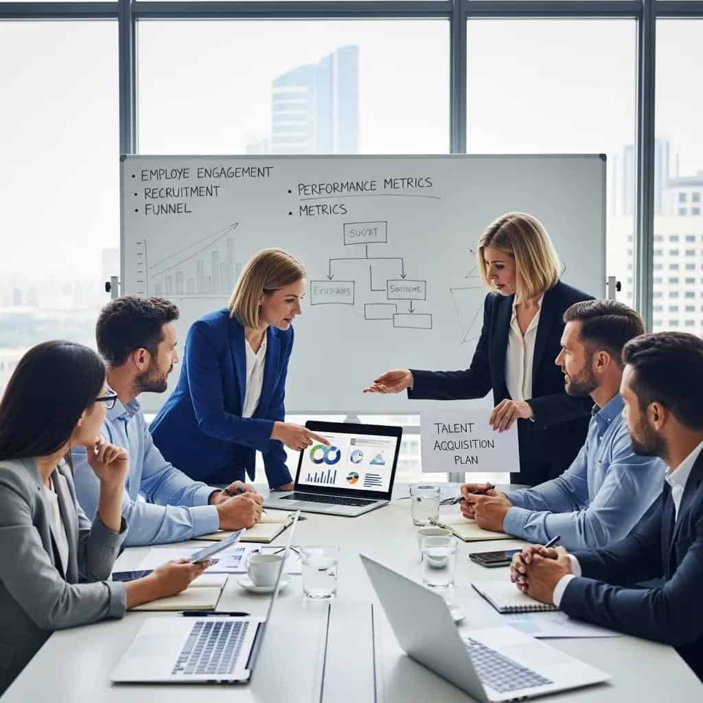 Diverse business professionals collaborating on HR strategies in an office setting