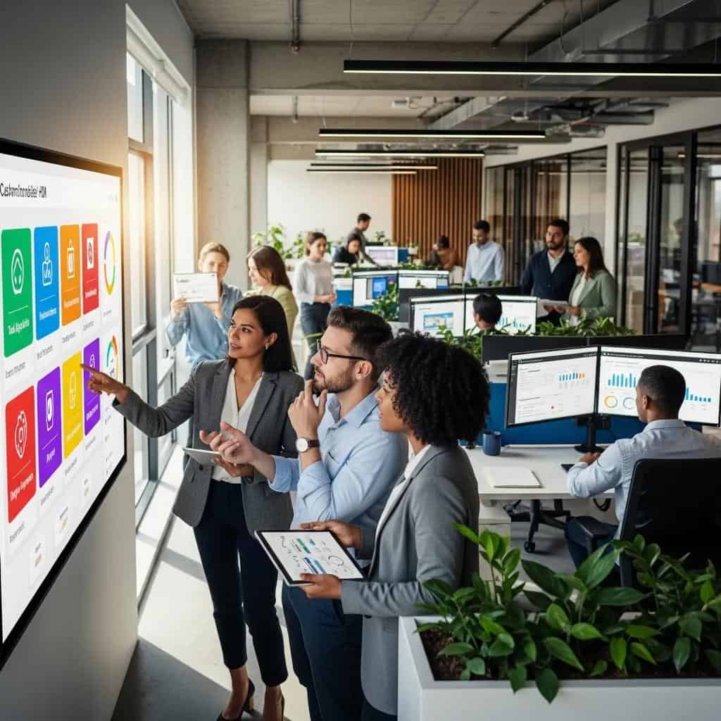 Diverse professionals collaborating in a modern office, representing customizable HCM solutions