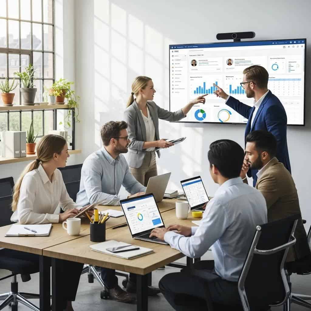 HR professionals collaborating in a modern office setting, emphasizing teamwork and HRIS efficiency