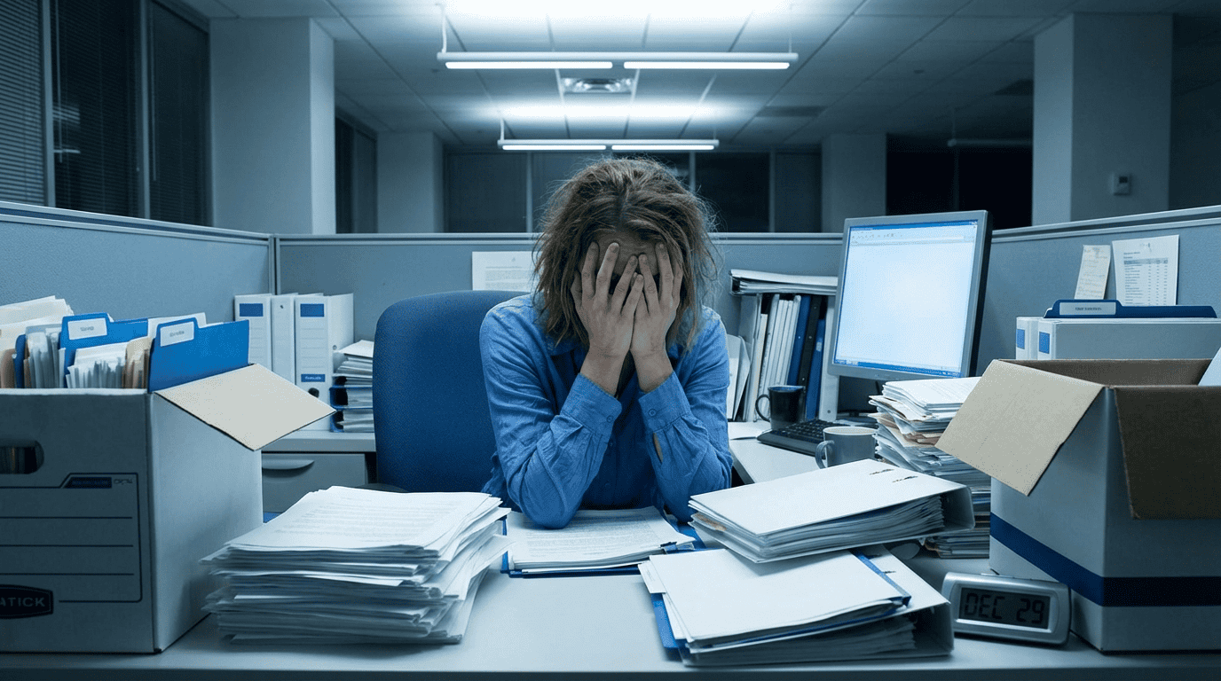 HR manager stressed during year-end payroll and open enrollment season